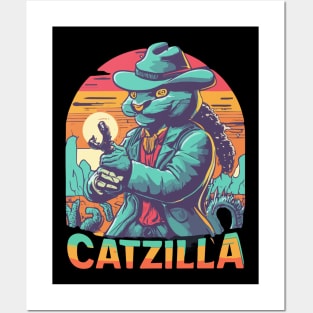 Vintage Catzilla Funny Cat Destroy Posters and Art